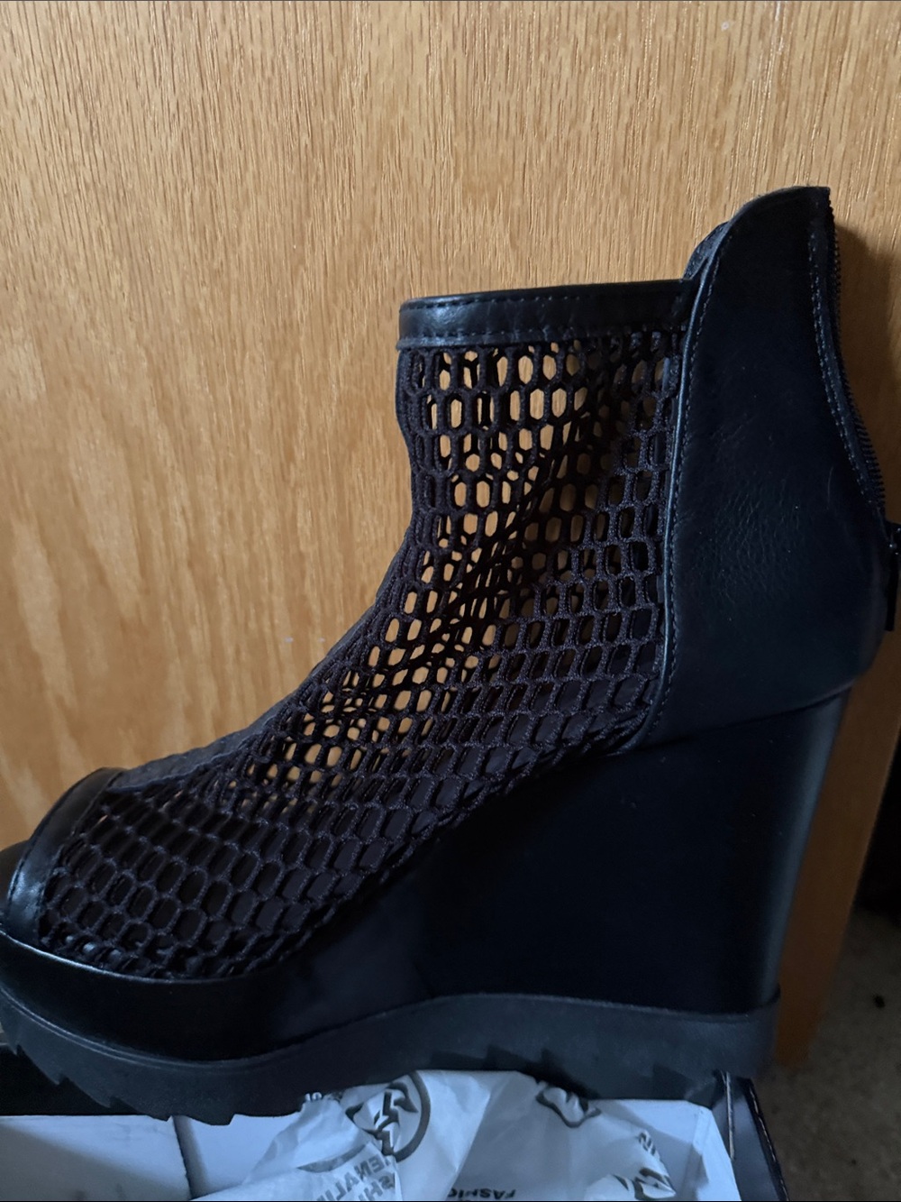 Black Leather Mesh Wedge Booties with Hidden Platform